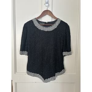 Vintage Laurence Kazar Beaded Blouse Womens Size XL Black Silk Classic Event